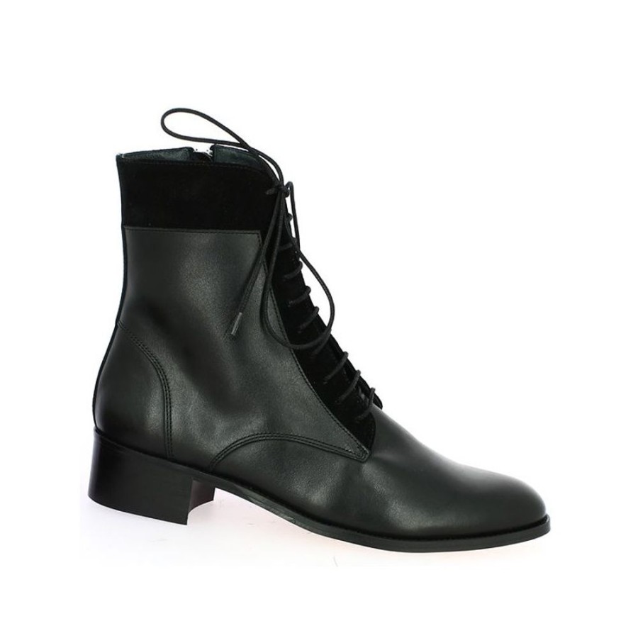 Bottines Shoesissime | Boots Plate A Lacets Tout Cuir Et Velours Noir Ophelie