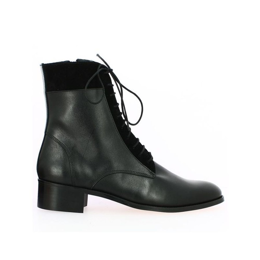 Bottines Shoesissime | Boots Plate A Lacets Tout Cuir Et Velours Noir Ophelie