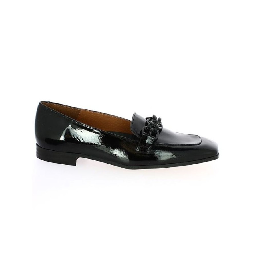 Derbys Et Mocassins Shoesissime | Mocassin Chic Femme Vernis Noir A Chaine Edith