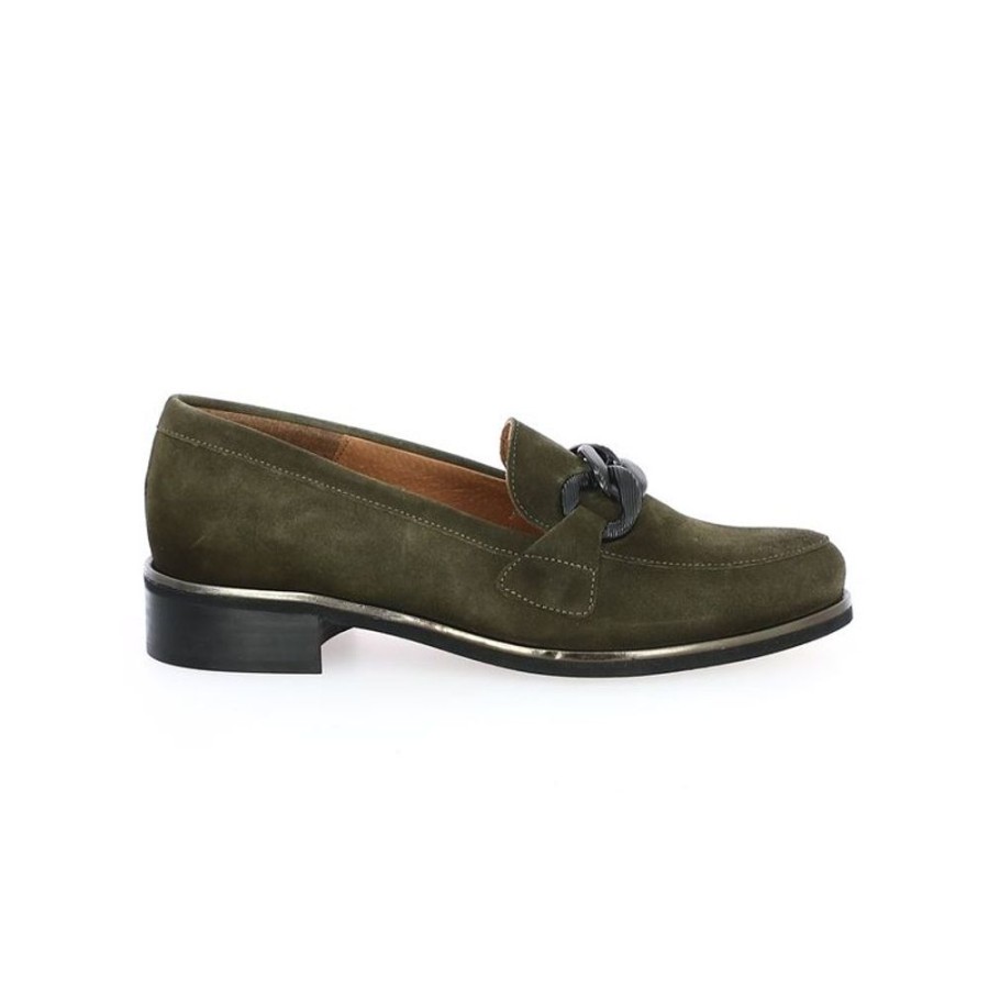 Derbys Et Mocassins Shoesissime | Mocassin Femme Vert Kaki A Chaine Bordure Dore Doris