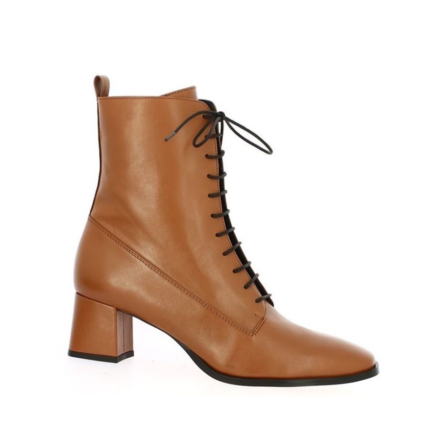 Bottines Shoesissime | Bottine Camel Clair A Talon Et Lacets Bout Carre Sybille