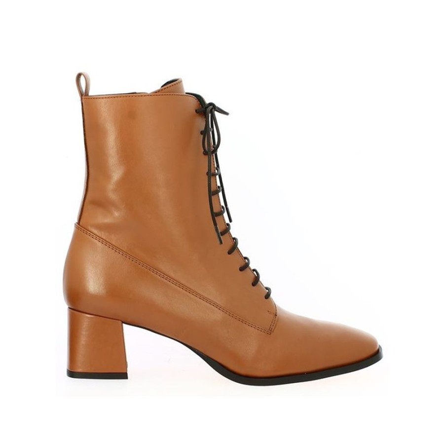 Bottines Shoesissime | Bottine Camel Clair A Talon Et Lacets Bout Carre Sybille