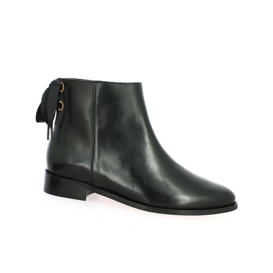 Bottines Shoesissime | Boots Noires Grande Taille Plates Tout Cuir Noeud Arriere Georgia