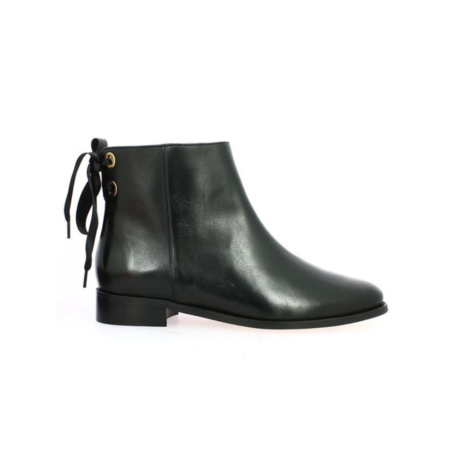 Bottines Shoesissime | Boots Noires Grande Taille Plates Tout Cuir Noeud Arriere Georgia