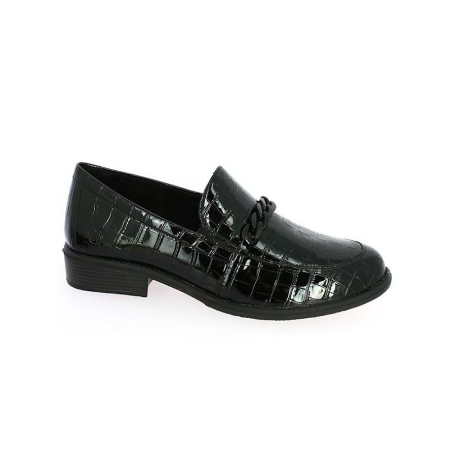 Derbys Et Mocassins Shoesissime | Mocassin Chaine Cuir Croco Noir Remonte Adixia